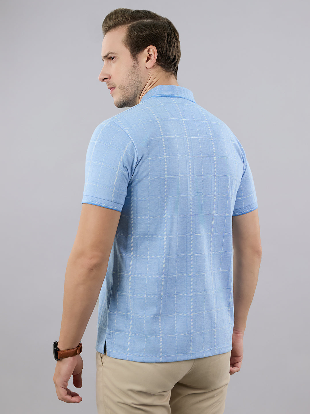 Men Sky Blue Stripe Polo Collar Half Sleeve T-Shirt