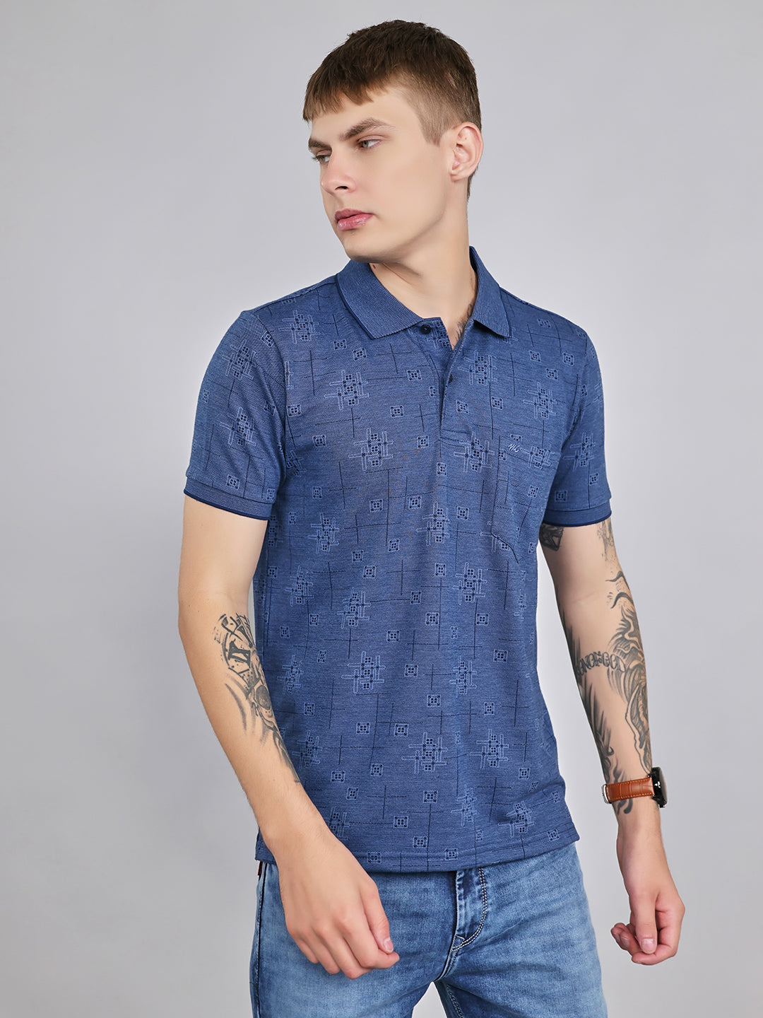 Men Blue Self Design Collar Half Sleeve T-Shirt