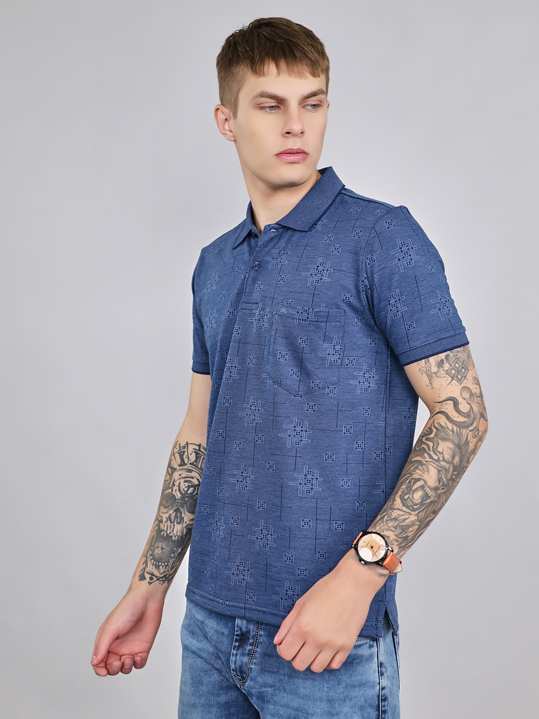 Men Blue Self Design Collar Half Sleeve T-Shirt