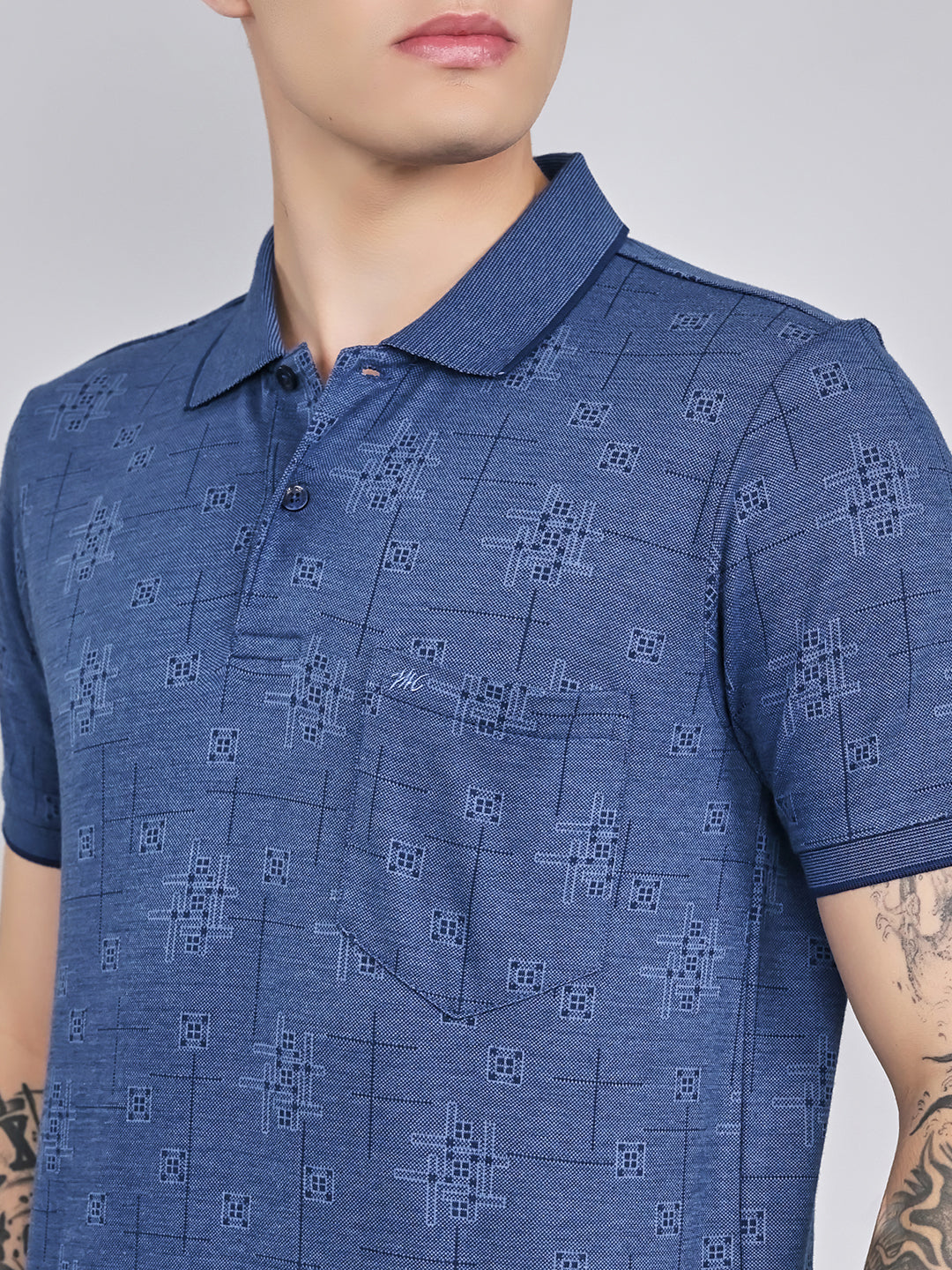 Men Blue Self Design Collar Half Sleeve T-Shirt