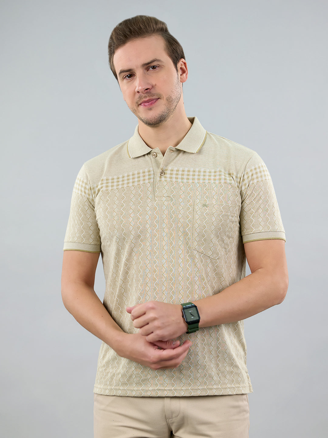 Men Beige Stripe Polo Collar Half Sleeve T-Shirt