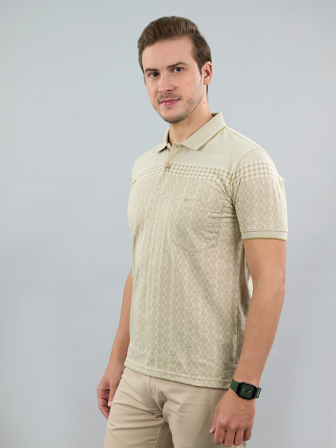 Men Beige Stripe Polo Collar Half Sleeve T-Shirt