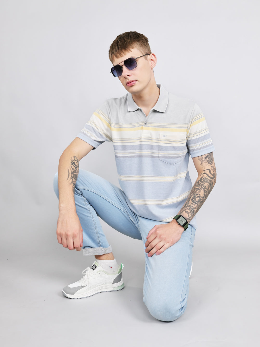 Men Grey Stripe Collar Half Sleeve T-Shirt