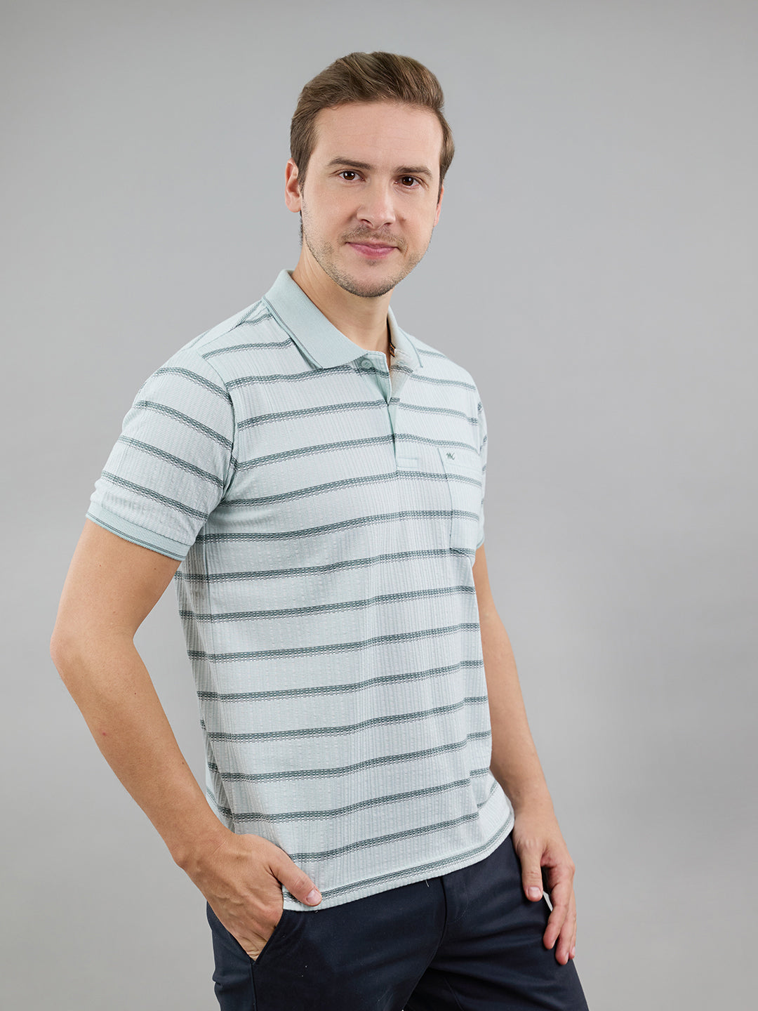 Men Sea Green Stripe Polo Collar Half Sleeve T-Shirt