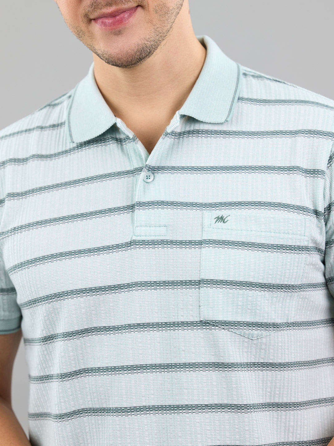 Men Sea Green Stripe Polo Collar Half Sleeve T-Shirt