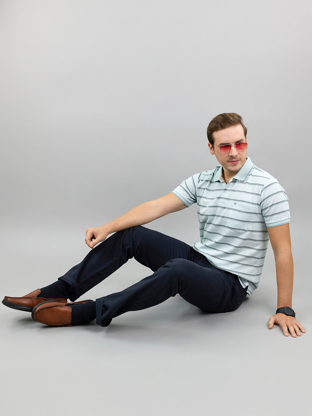 Men Sea Green Stripe Polo Collar Half Sleeve T-Shirt