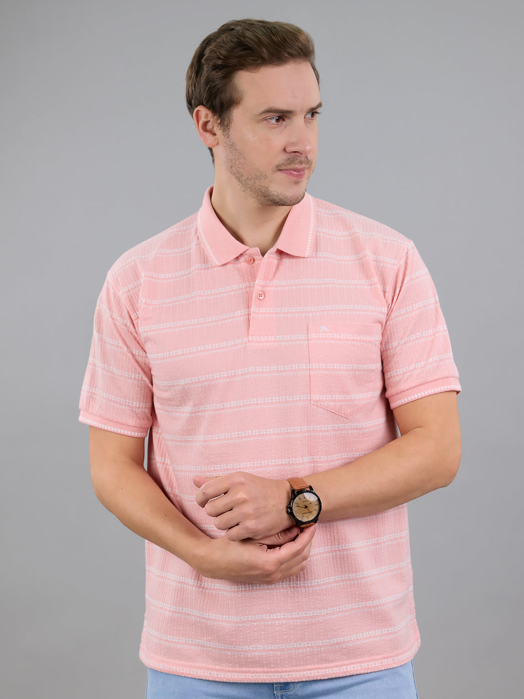 Men Pink Stripe Polo Collar Half Sleeve T-Shirt
