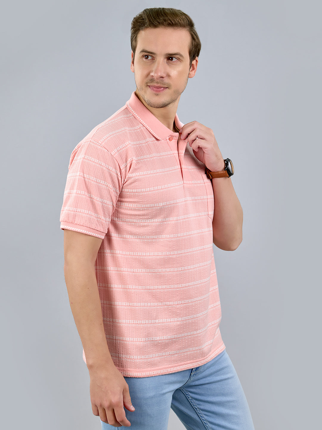 Men Pink Stripe Polo Collar Half Sleeve T-Shirt