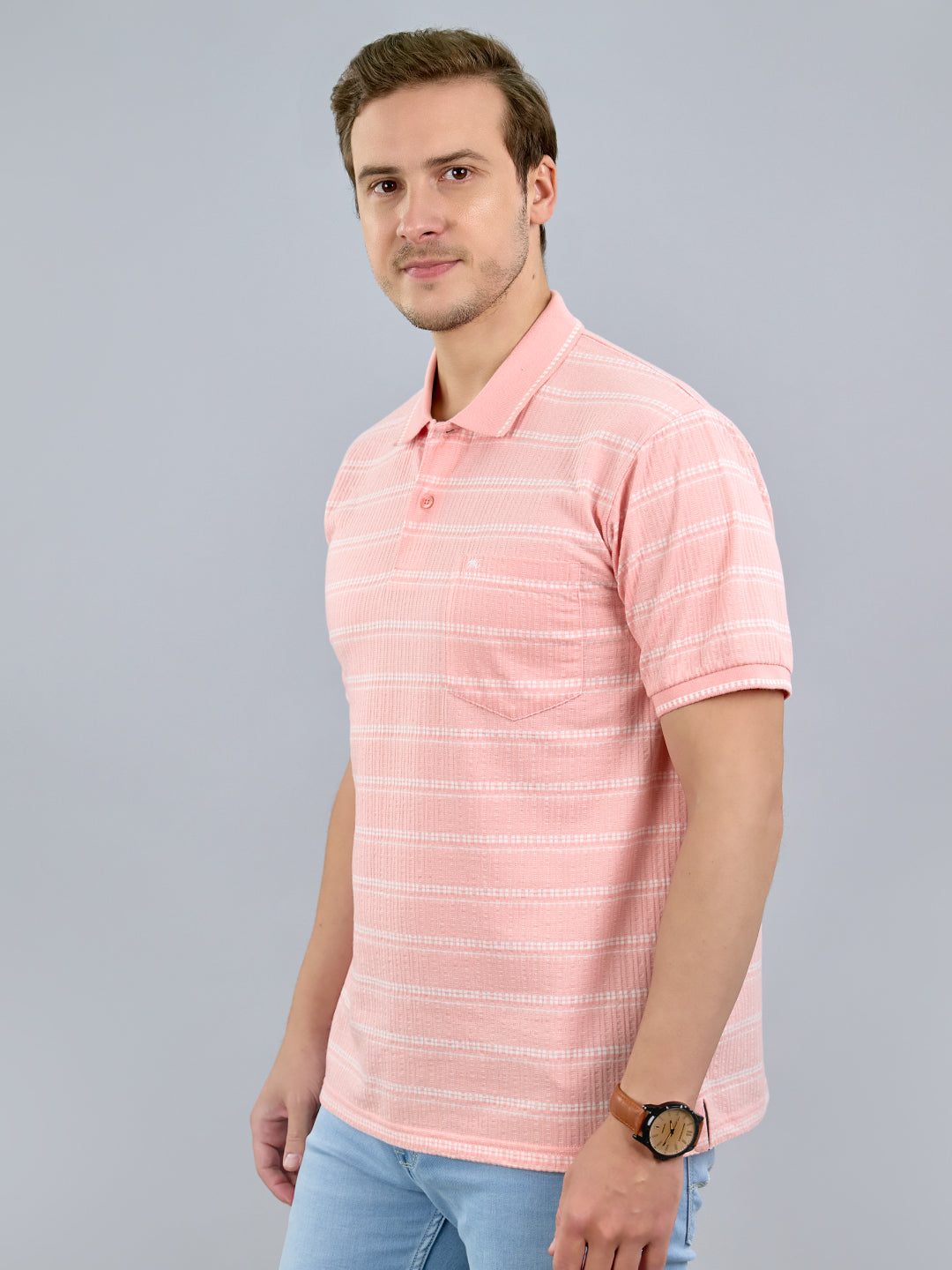 Men Pink Stripe Polo Collar Half Sleeve T-Shirt