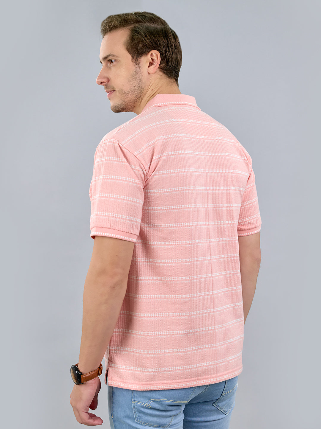 Men Pink Stripe Polo Collar Half Sleeve T-Shirt