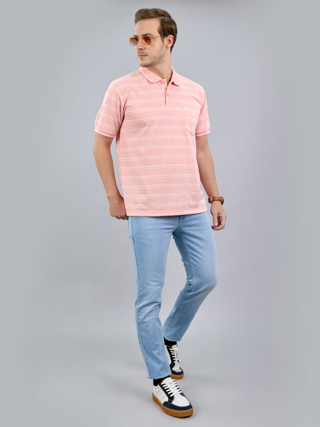 Men Pink Stripe Polo Collar Half Sleeve T-Shirt