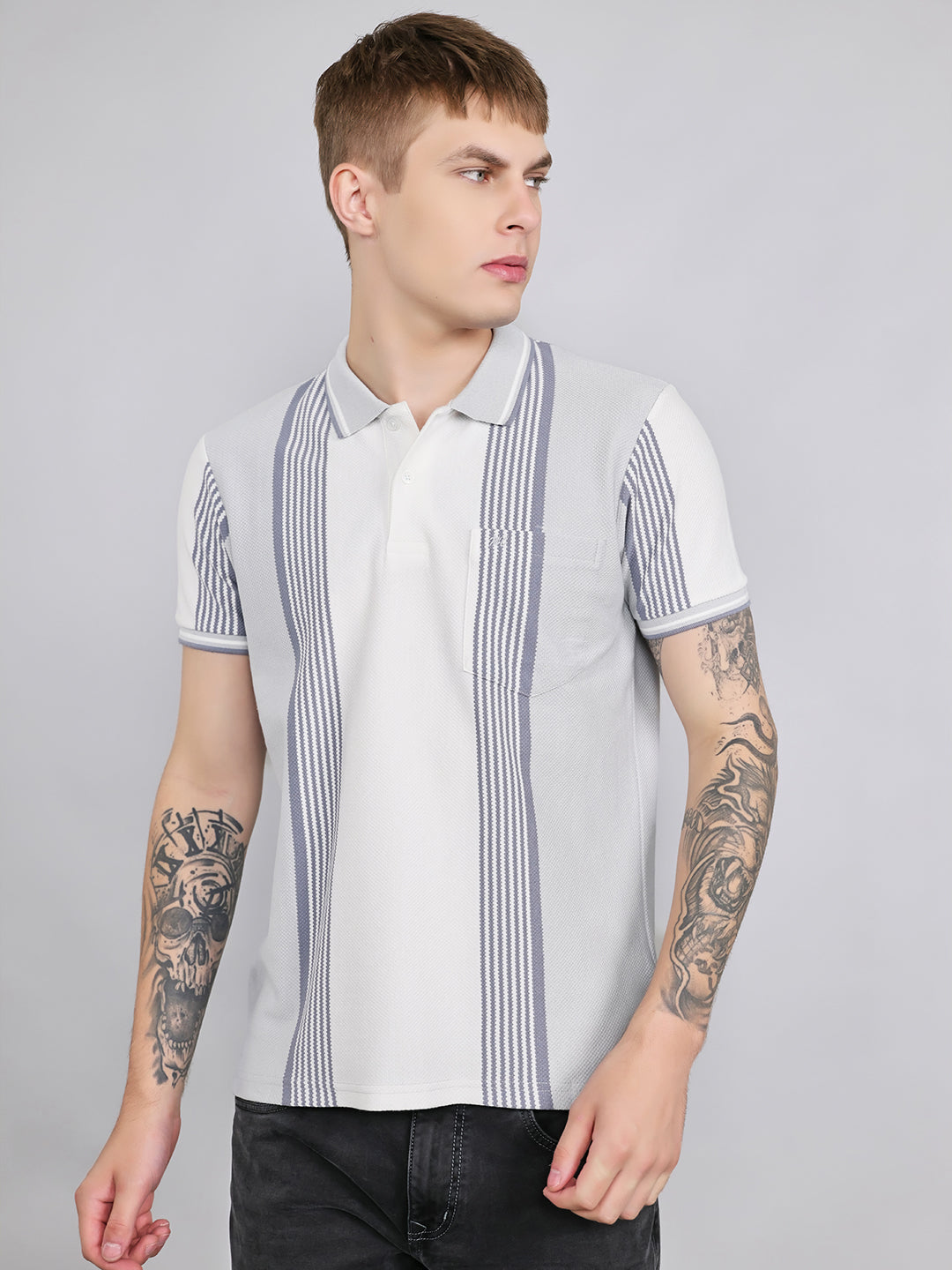 Men Grey Stripe Collar Half Sleeve T-Shirt