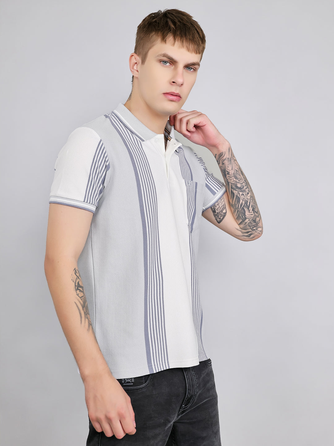 Men Grey Stripe Collar Half Sleeve T-Shirt