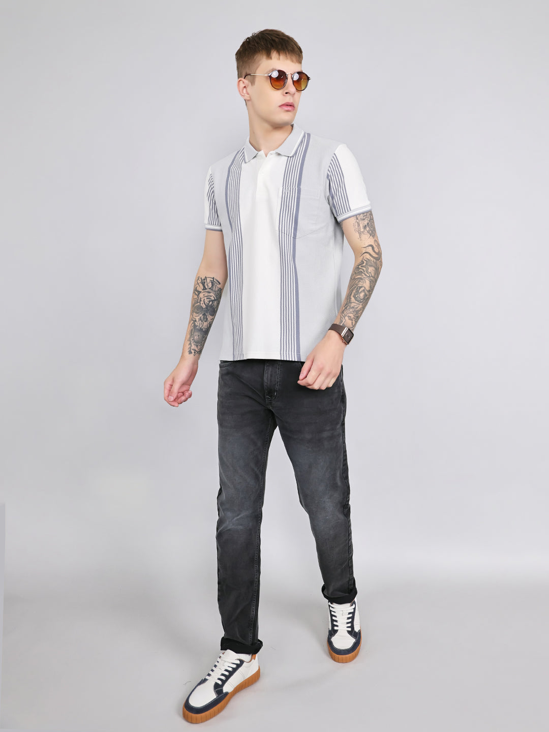 Men Grey Stripe Collar Half Sleeve T-Shirt
