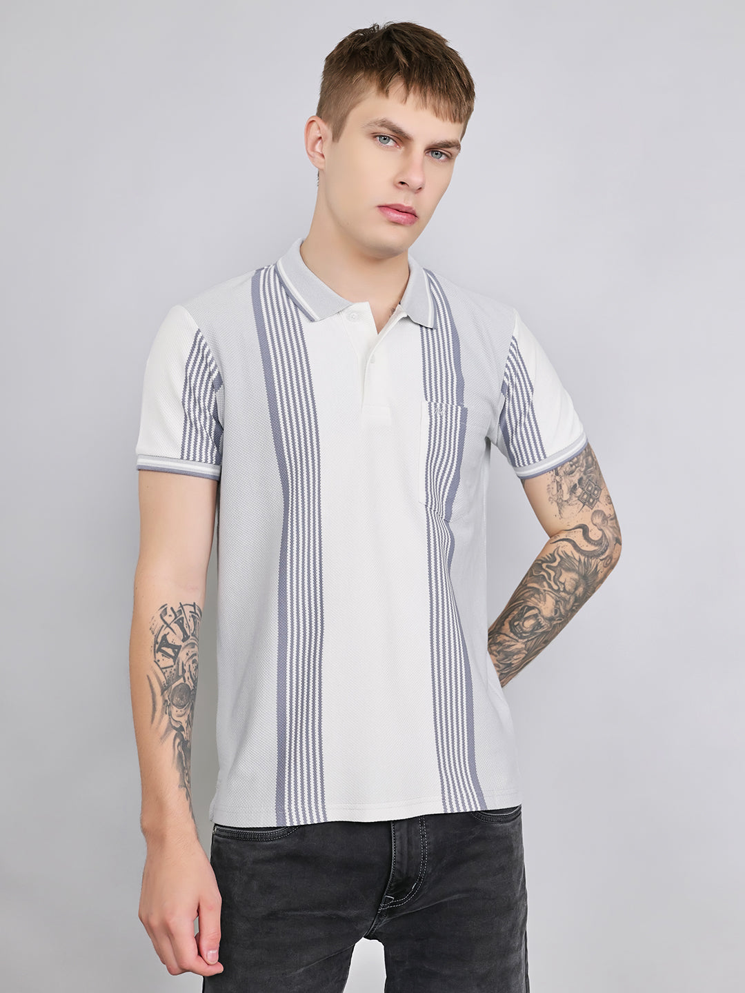 Men Grey Stripe Collar Half Sleeve T-Shirt