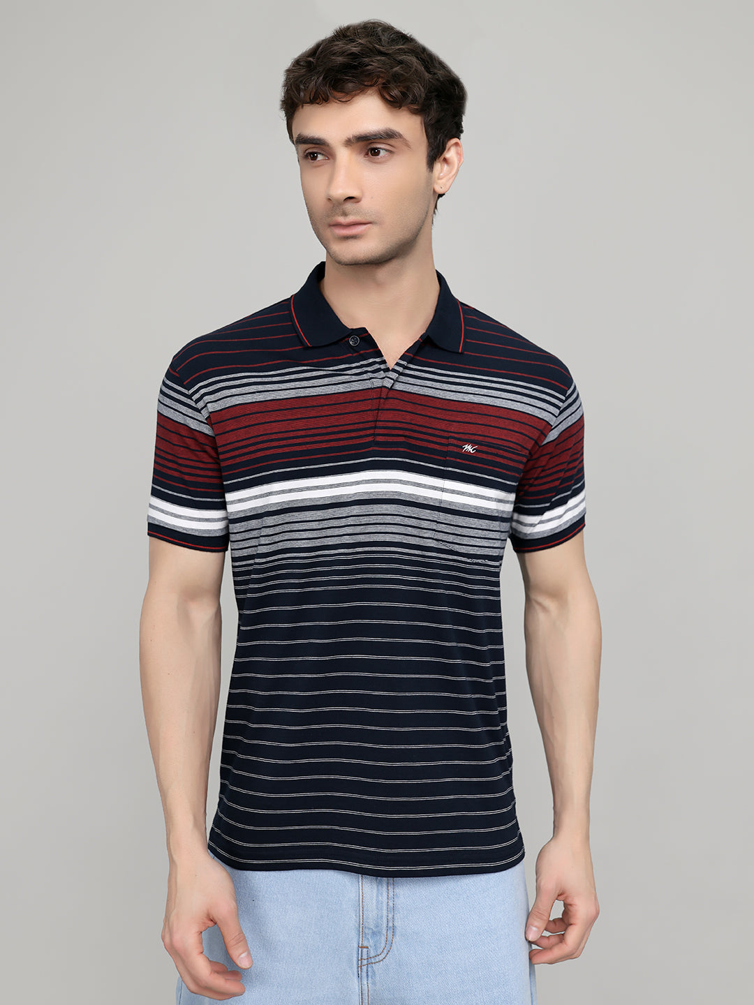Men Navy Blue Stripe Collar Half Sleeve T-Shirt