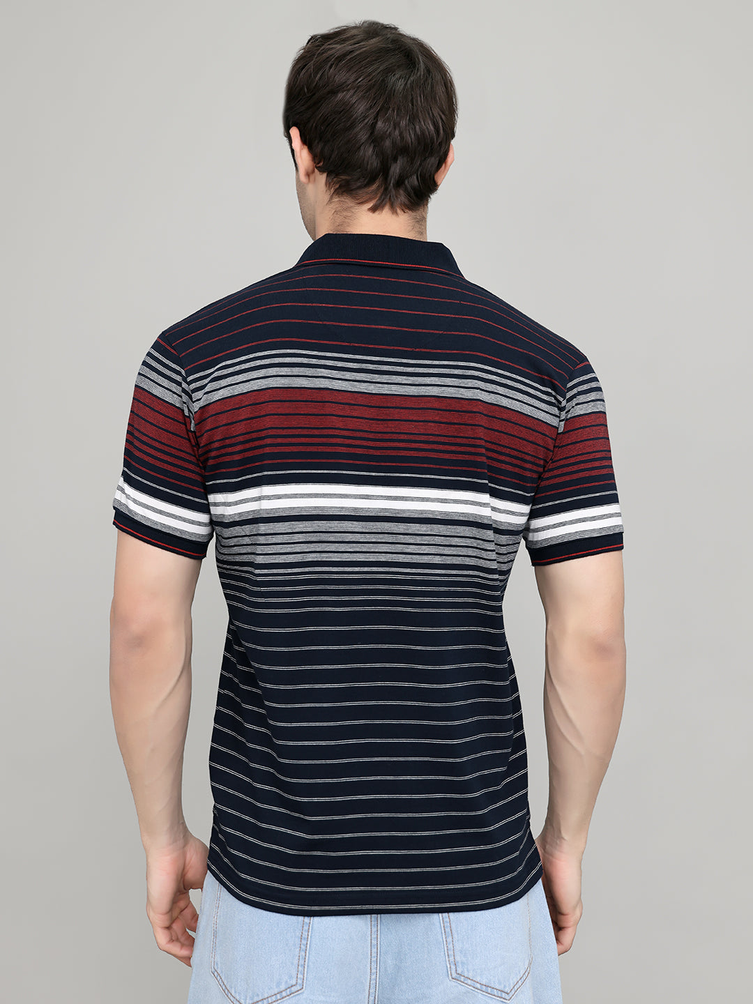 Men Navy Blue Stripe Collar Half Sleeve T-Shirt