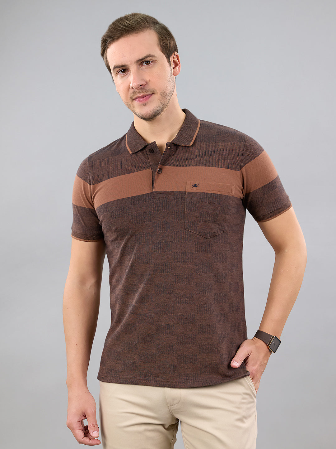 Men Brown Stripe Polo Collar Half Sleeve T-Shirt