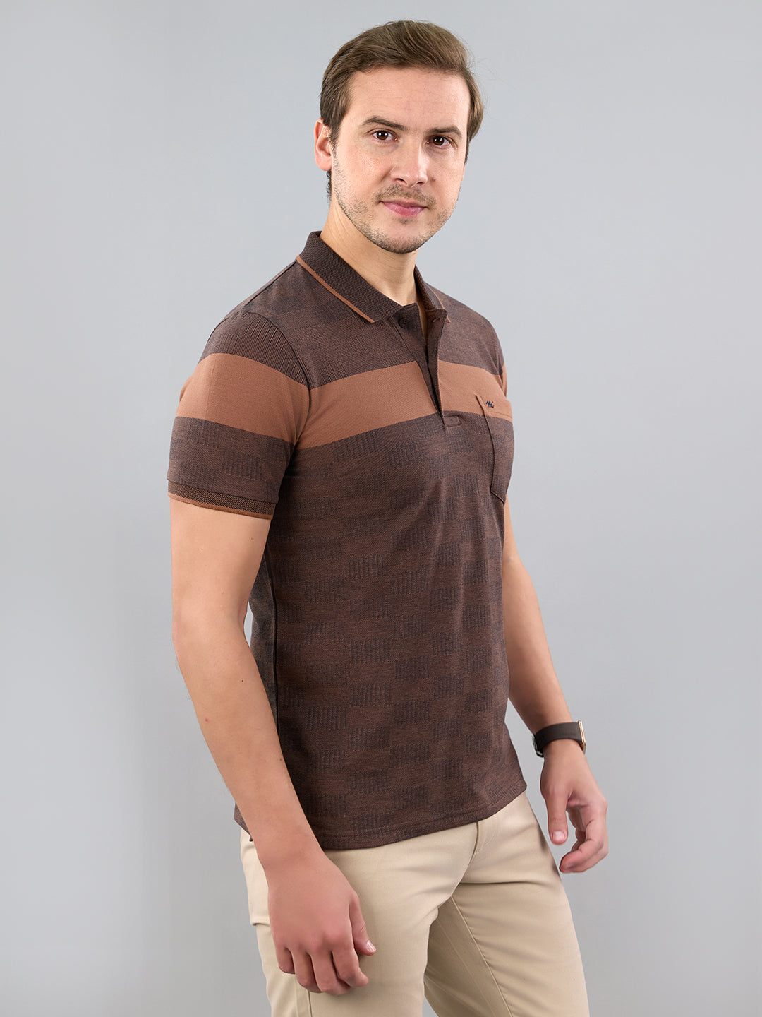 Men Brown Stripe Polo Collar Half Sleeve T-Shirt