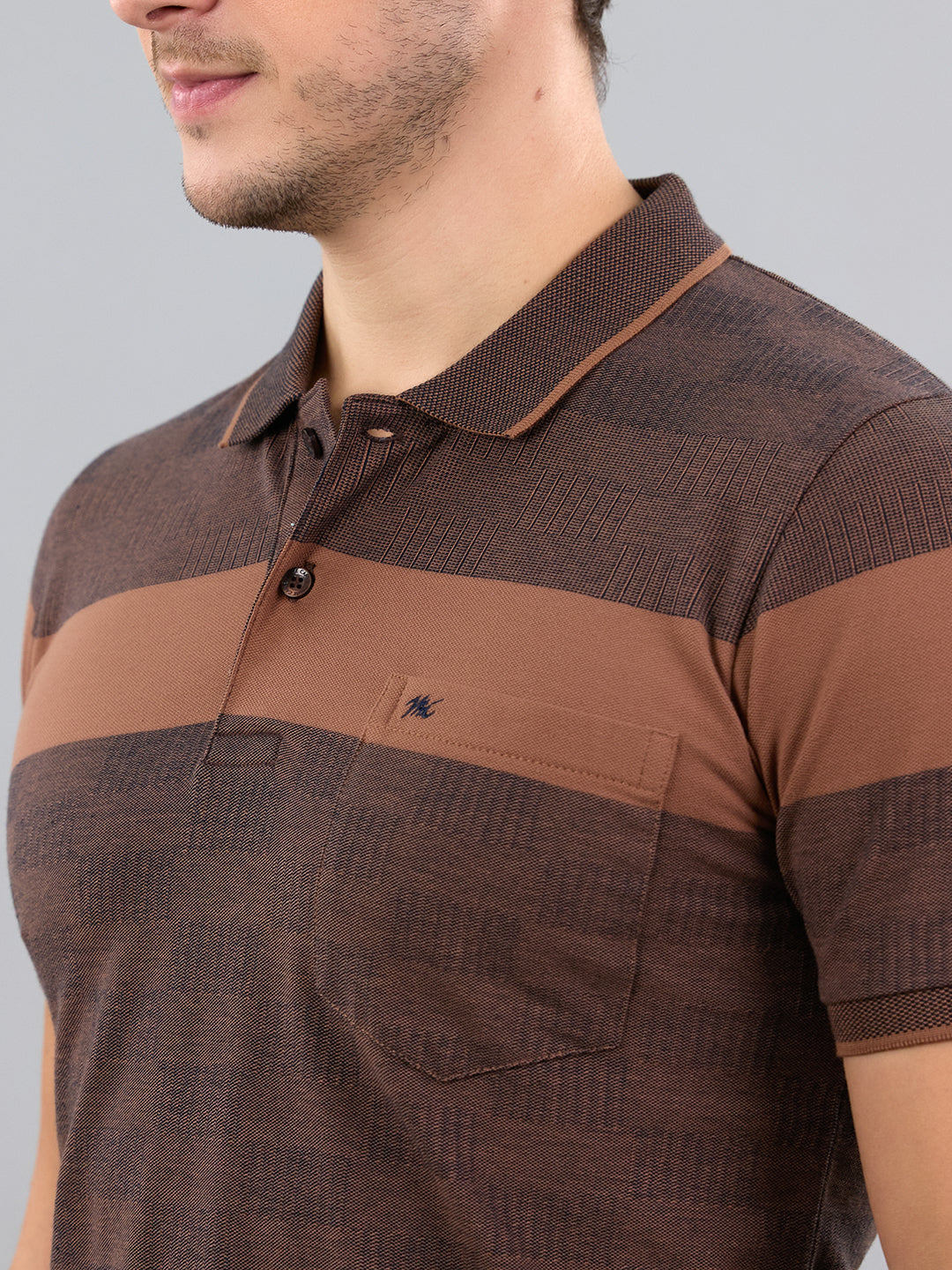 Men Brown Stripe Polo Collar Half Sleeve T-Shirt