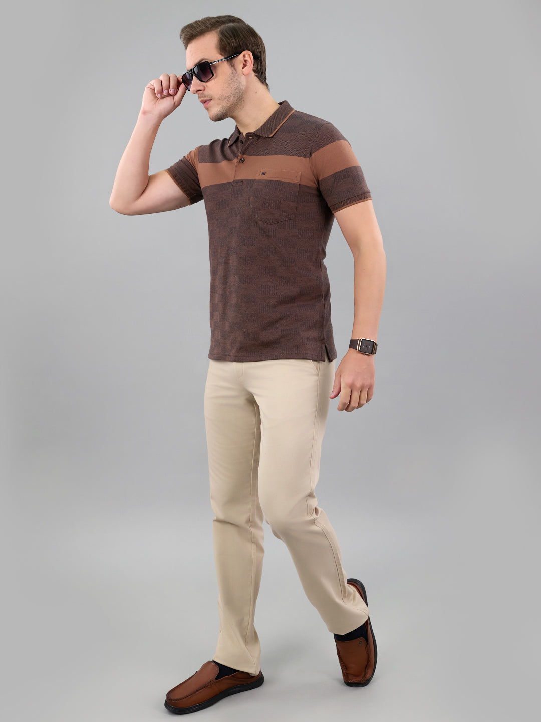 Men Brown Stripe Polo Collar Half Sleeve T-Shirt