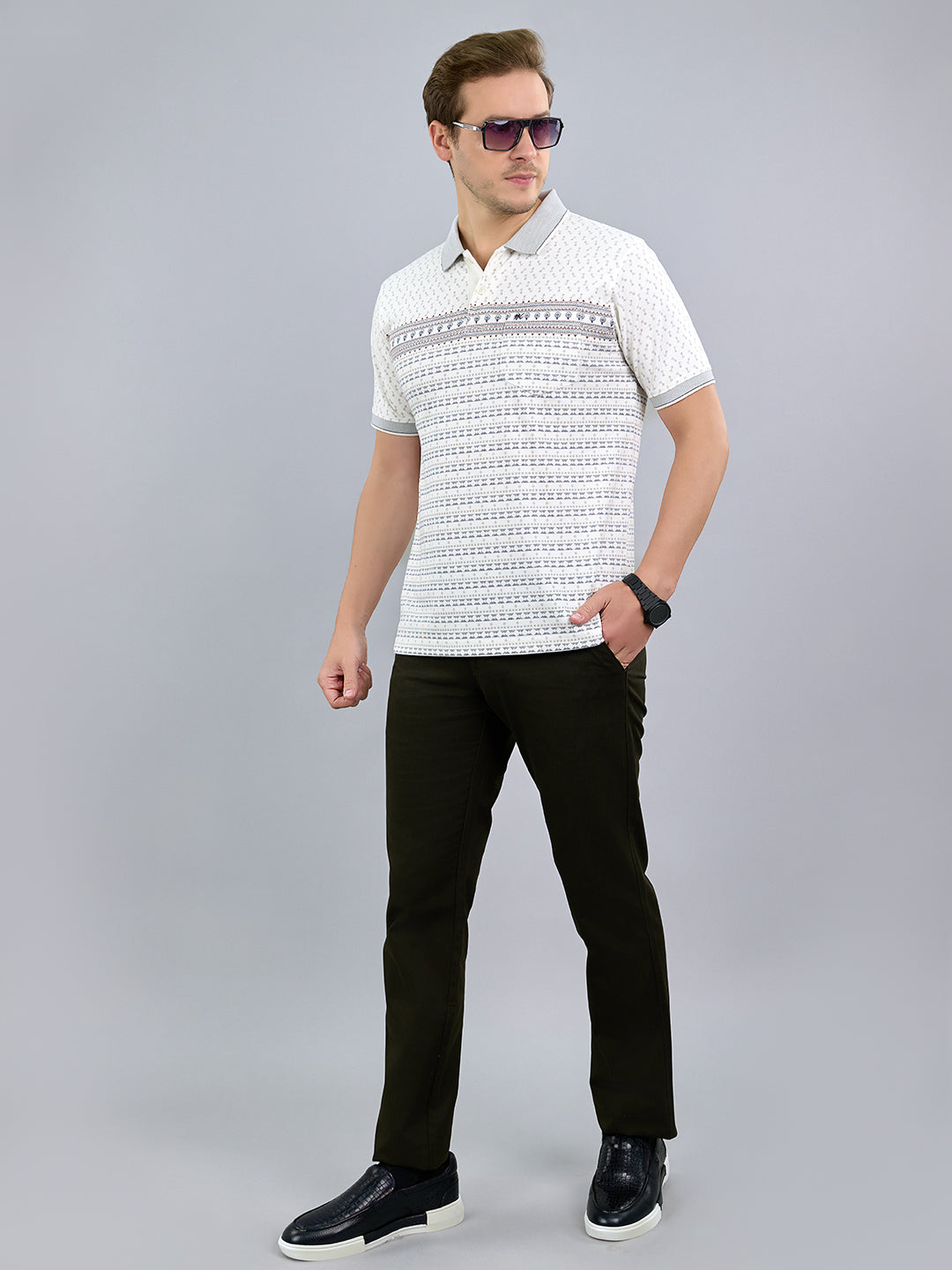 Men White Printed Polo Collar Half Sleeve T-Shirt