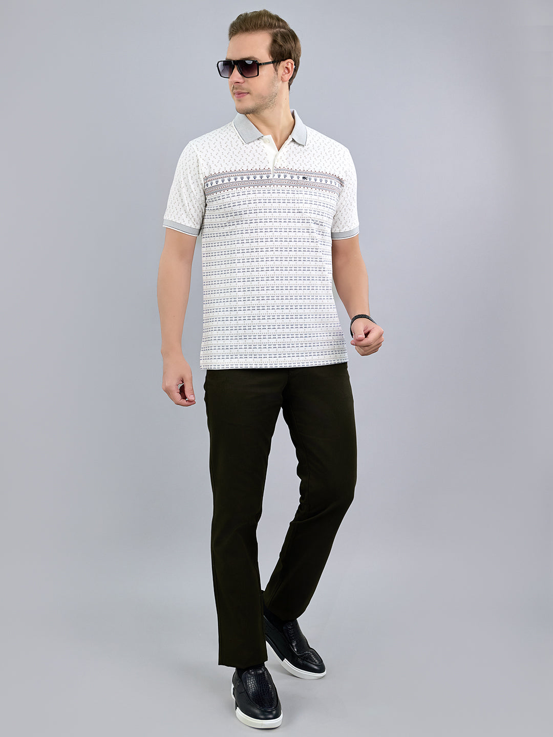 Men White Printed Polo Collar Half Sleeve T-Shirt