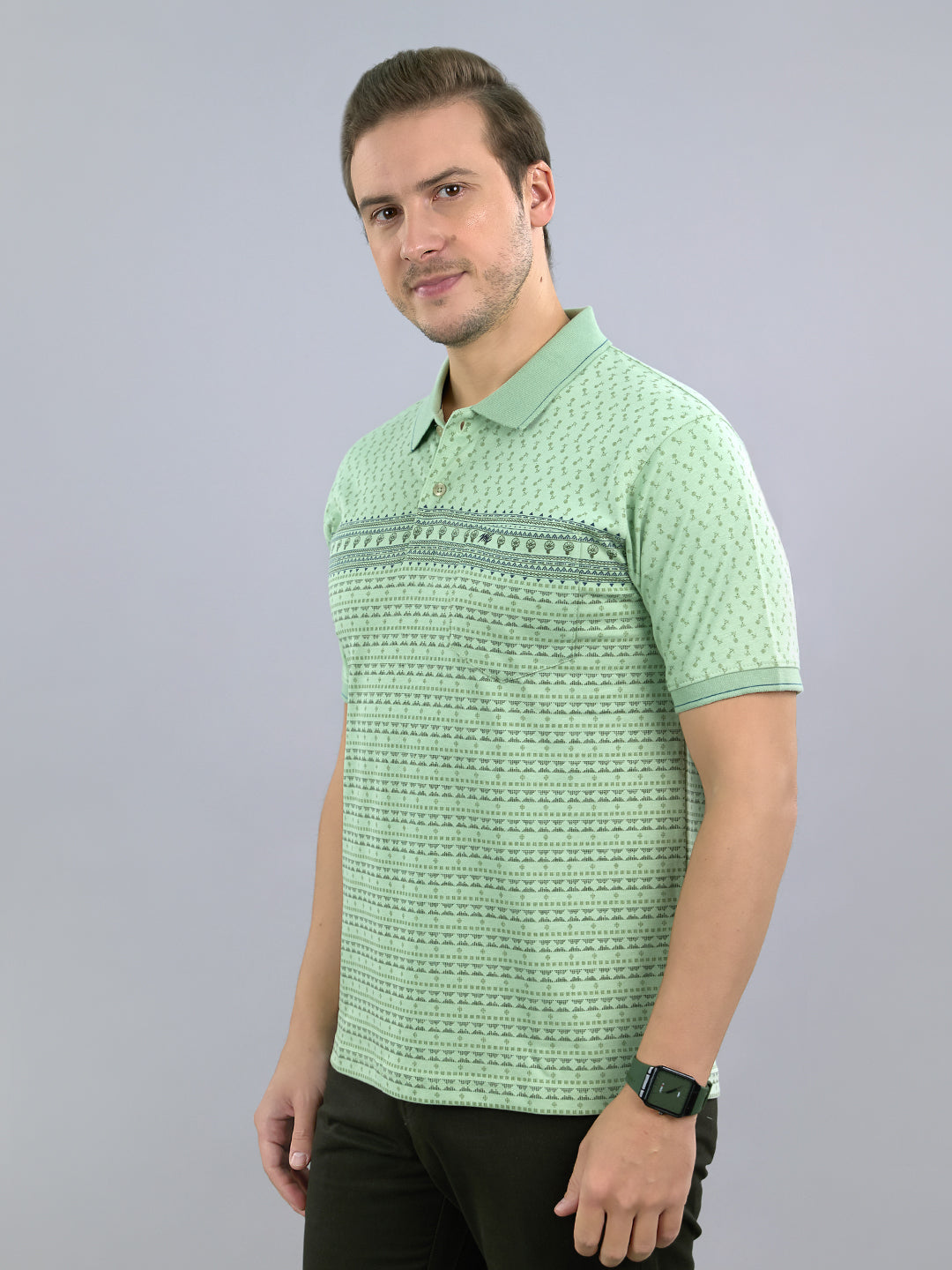 Men Green Printed Polo Collar Half Sleeve T-Shirt
