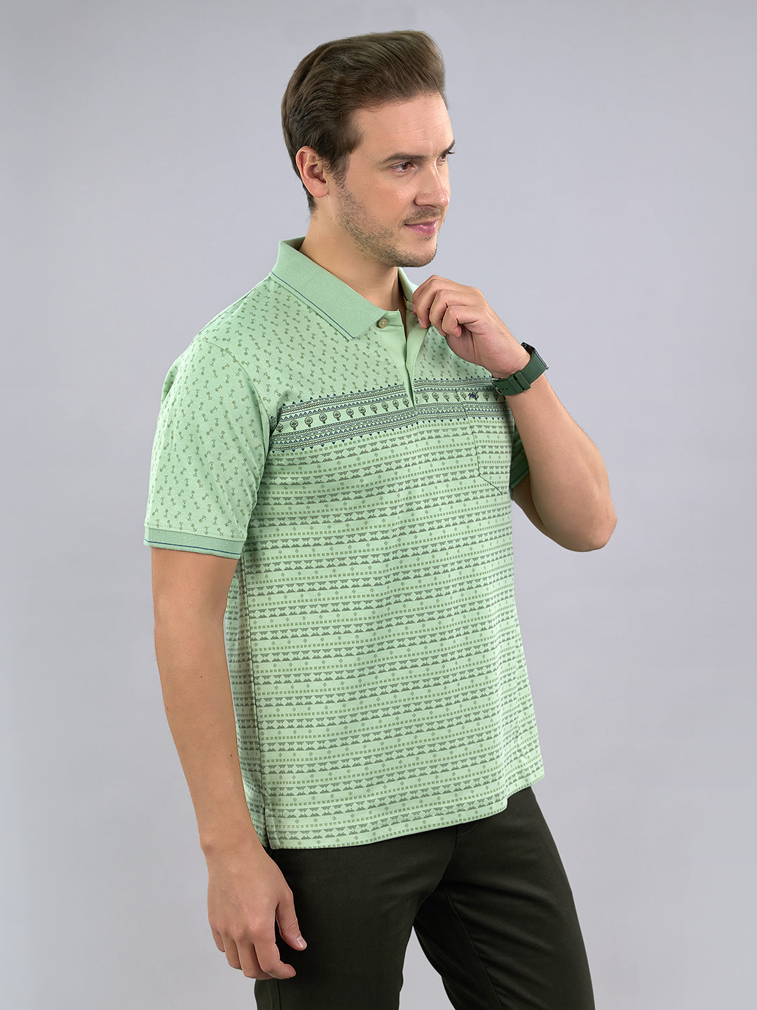 Men Green Printed Polo Collar Half Sleeve T-Shirt
