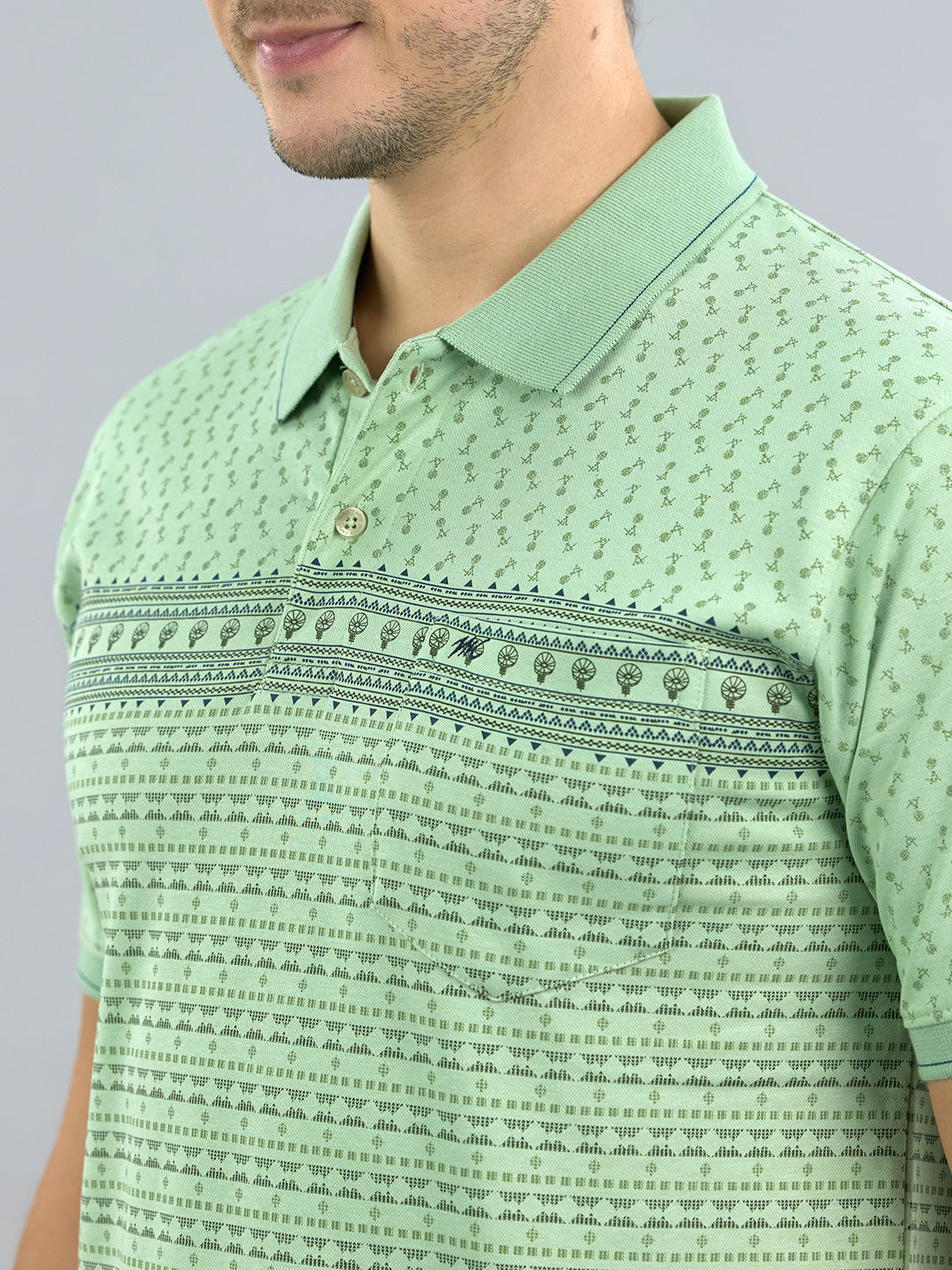 Men Green Printed Polo Collar Half Sleeve T-Shirt