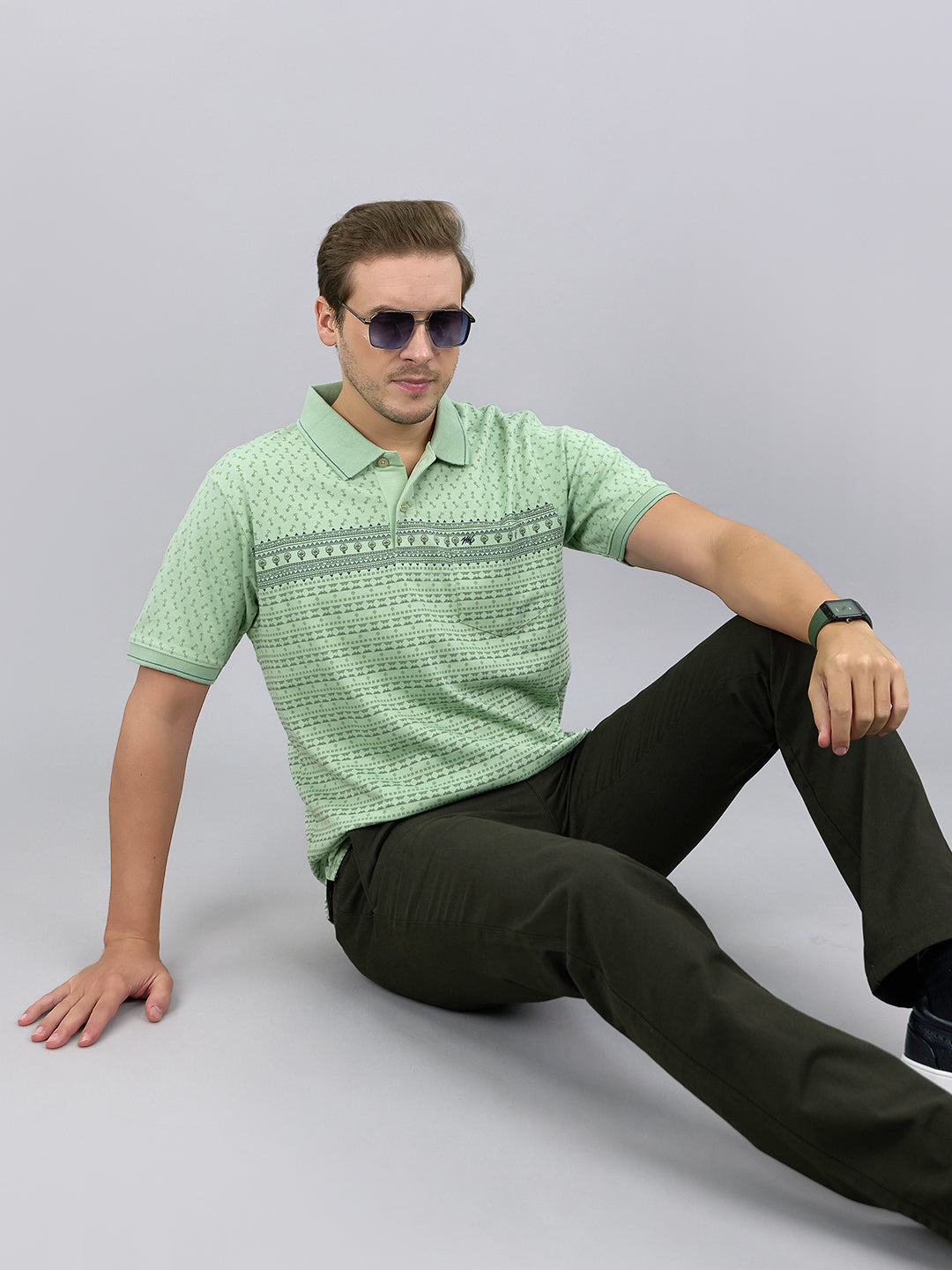 Men Green Printed Polo Collar Half Sleeve T-Shirt