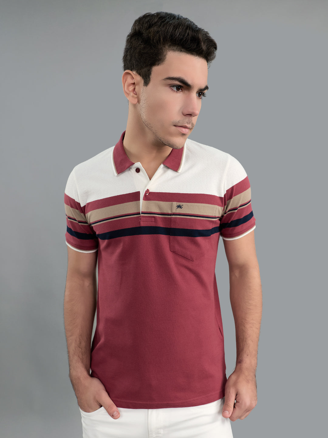 Men Burgundy Stripe Collar Half Sleeve T-Shirt