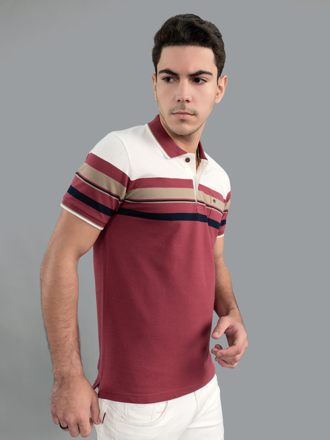 Men Burgundy Stripe Collar Half Sleeve T-Shirt