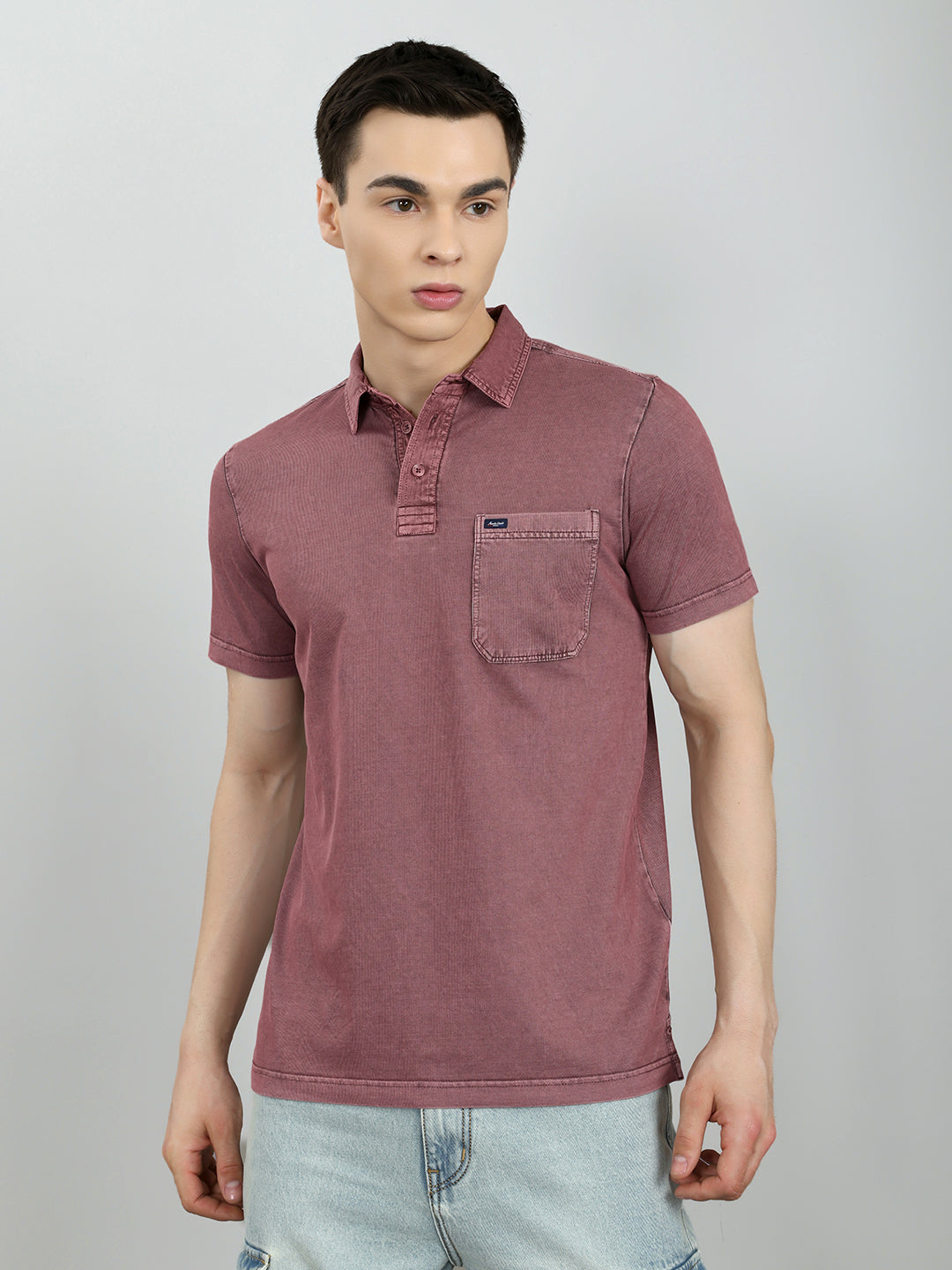 Men Mauve Solid Collar Half Sleeve T-Shirt