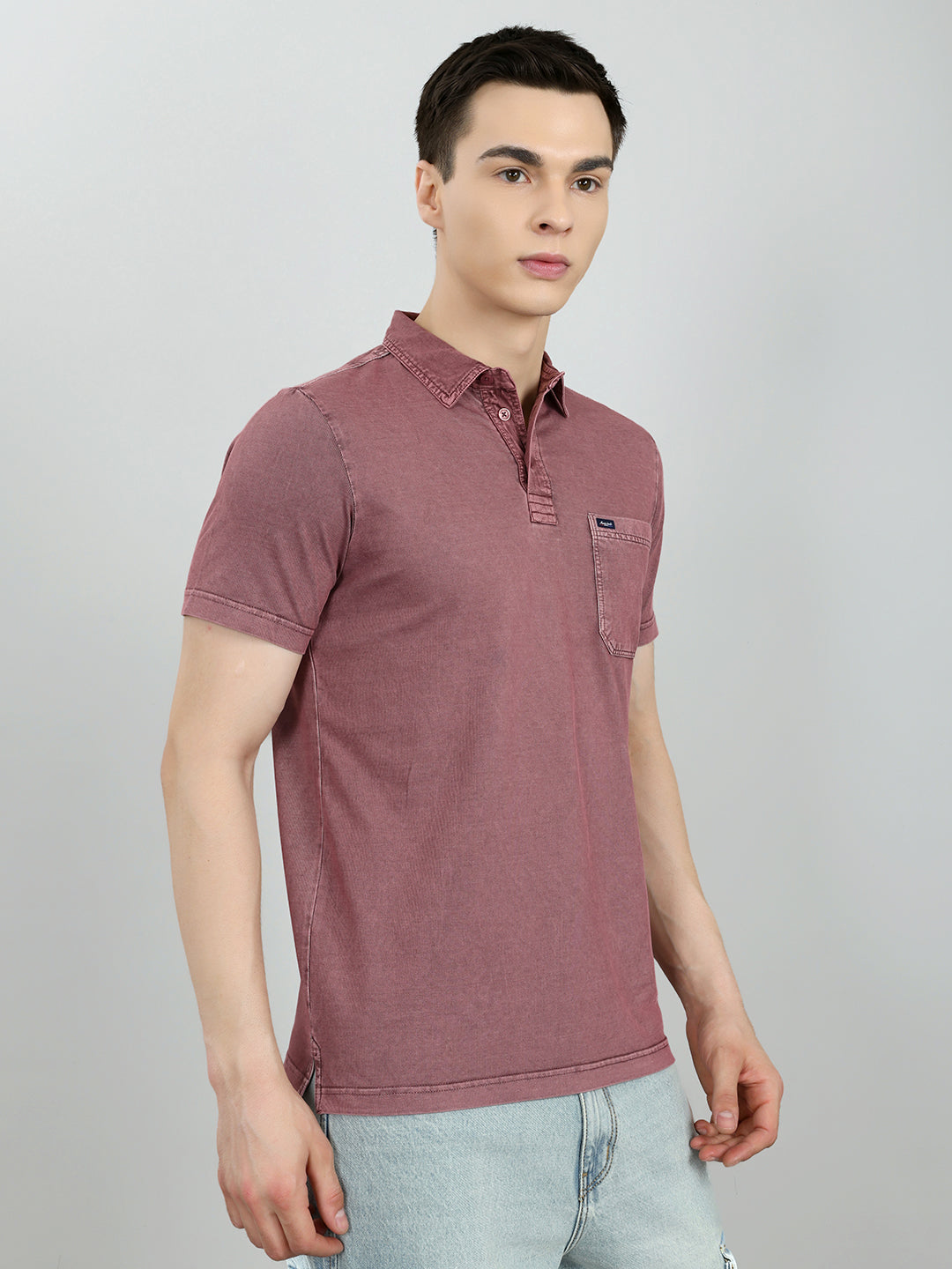 Men Mauve Solid Collar Half Sleeve T-Shirt