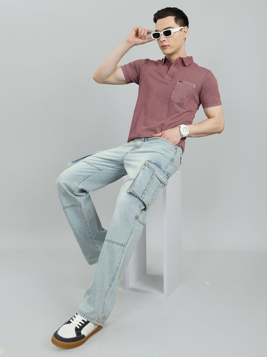 Men Mauve Solid Collar Half Sleeve T-Shirt
