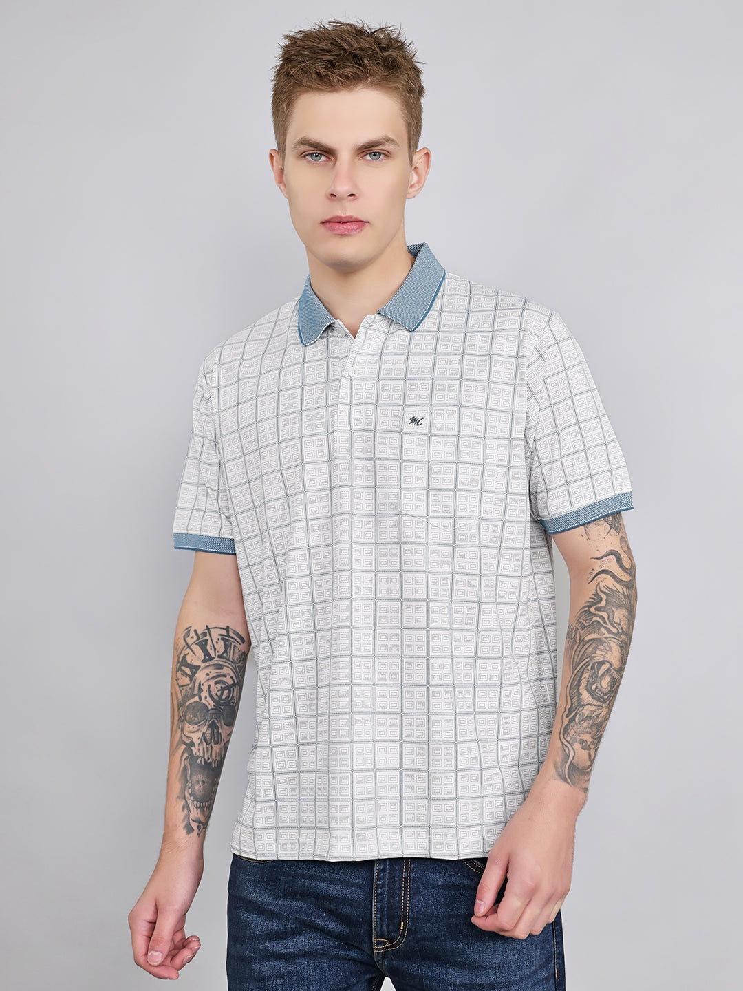 Men White Printed Collar Half Sleeve T-Shirt