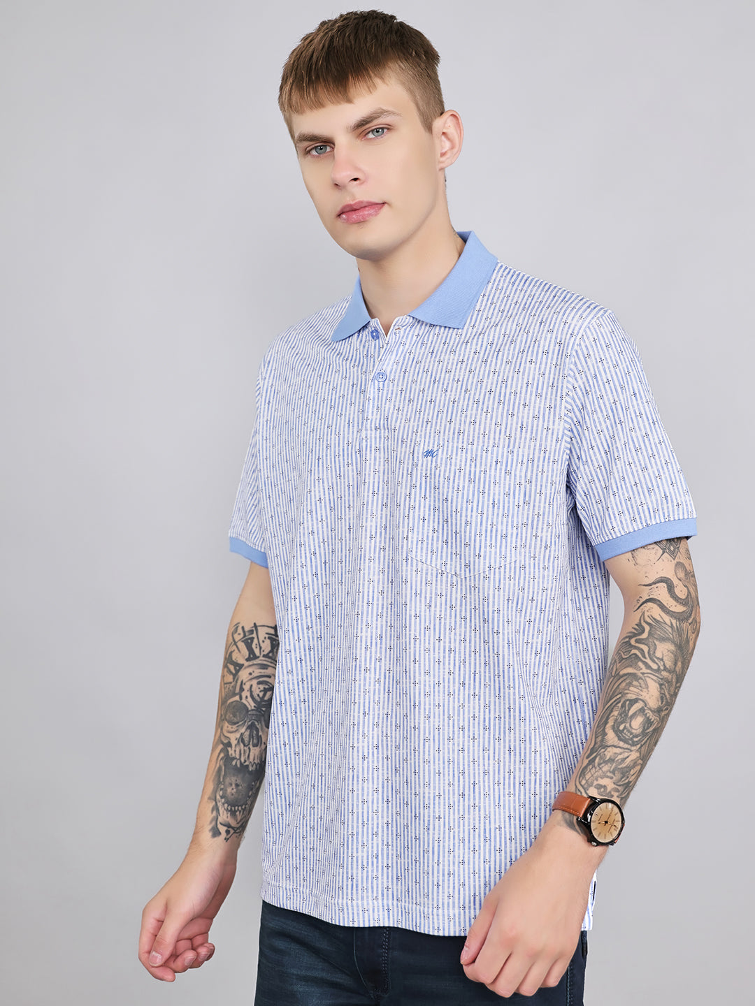 Men Sky Blue Stripe Collar Half Sleeve T-Shirt