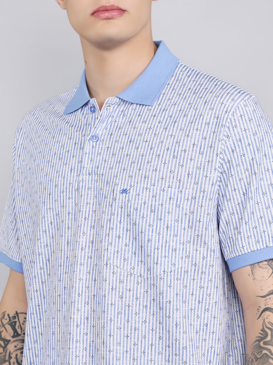 Men Sky Blue Stripe Collar Half Sleeve T-Shirt
