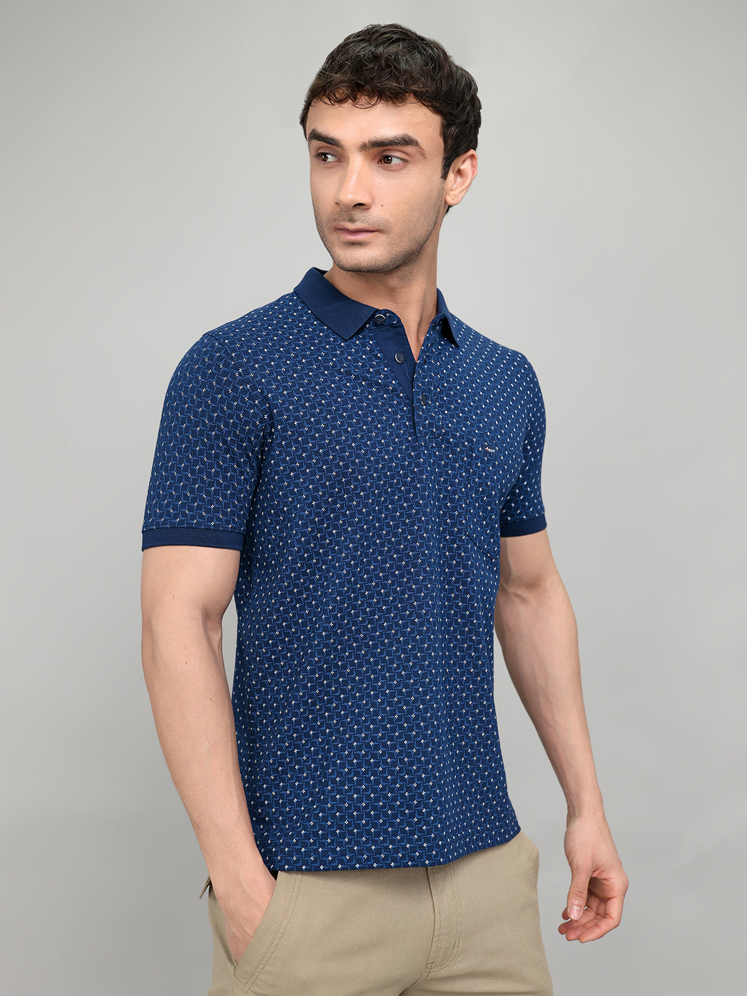 Men Blue Printed Collar Half Sleeve T-Shirt