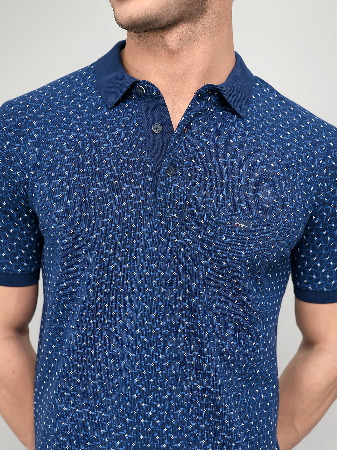 Men Blue Printed Collar Half Sleeve T-Shirt