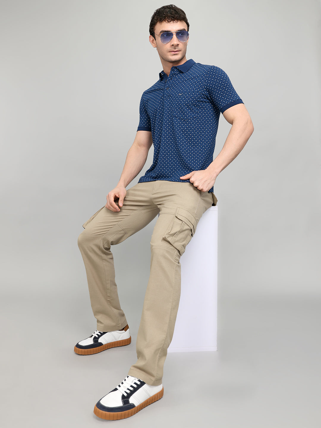 Men Blue Printed Collar Half Sleeve T-Shirt