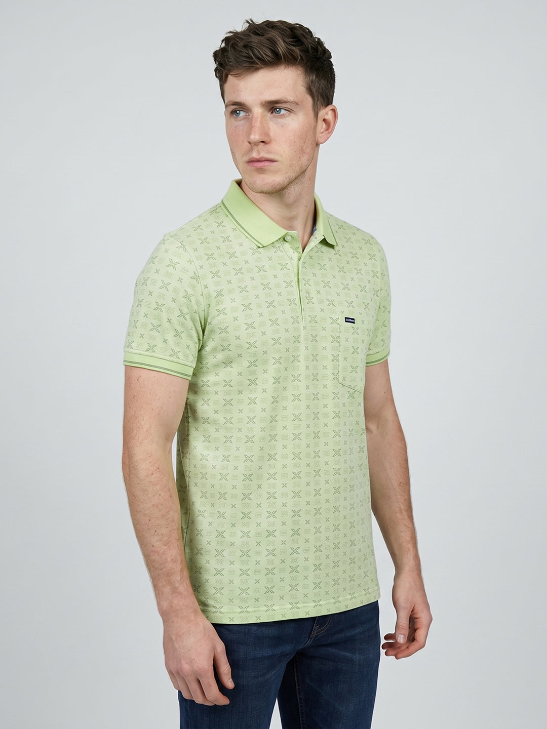 Men Green Printed Collar Half Sleeve T-Shirt