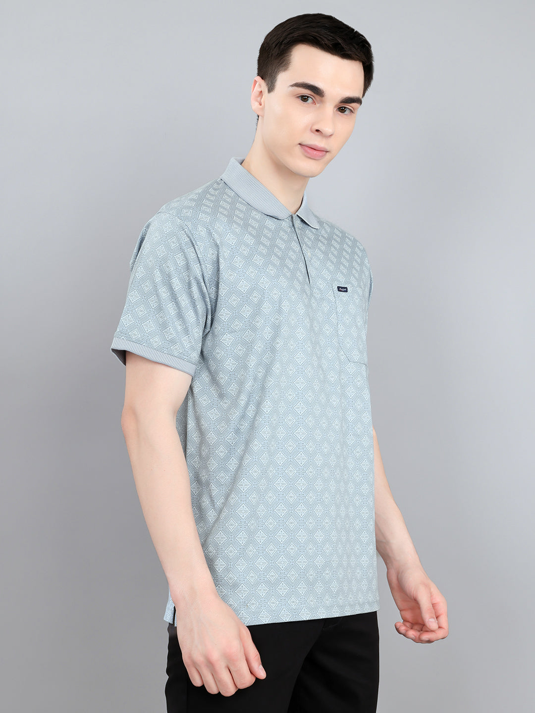 Men Blue Printed Collar Half Sleeve T-Shirt