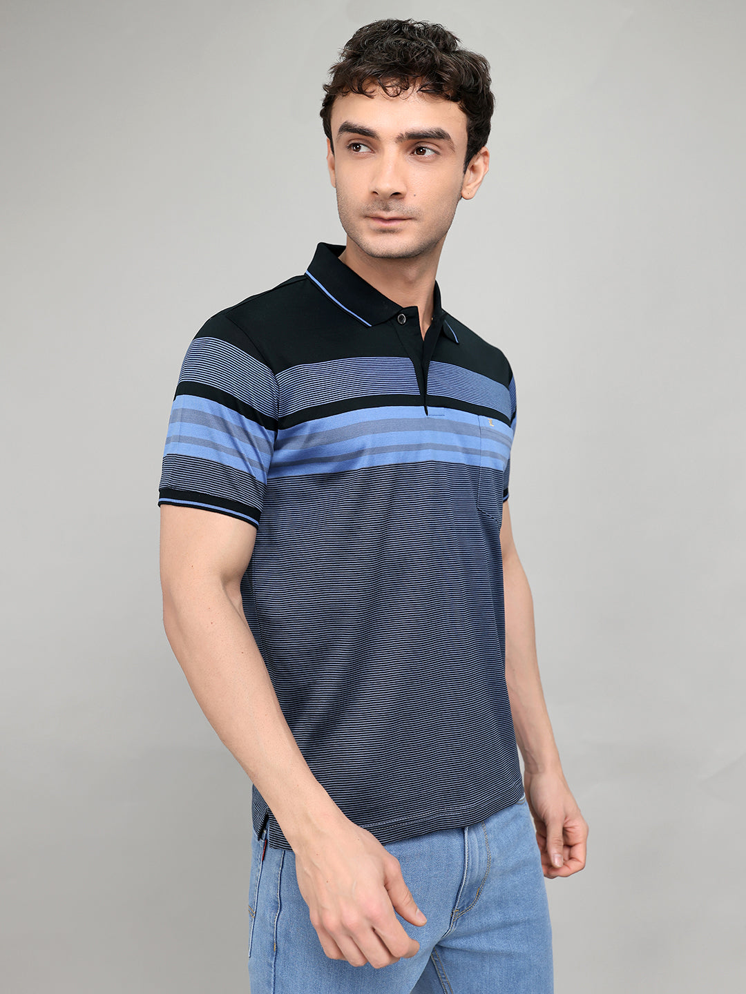 Luxuria Men Black Stripe Collar Half Sleeve T-Shirt