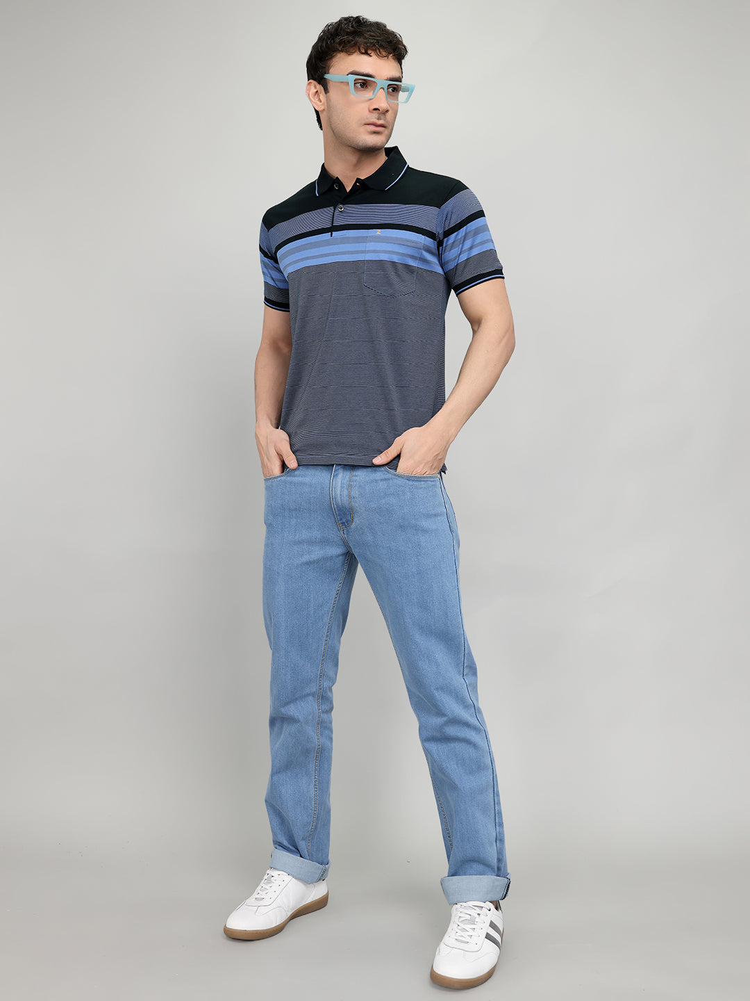 Luxuria Men Black Stripe Collar Half Sleeve T-Shirt