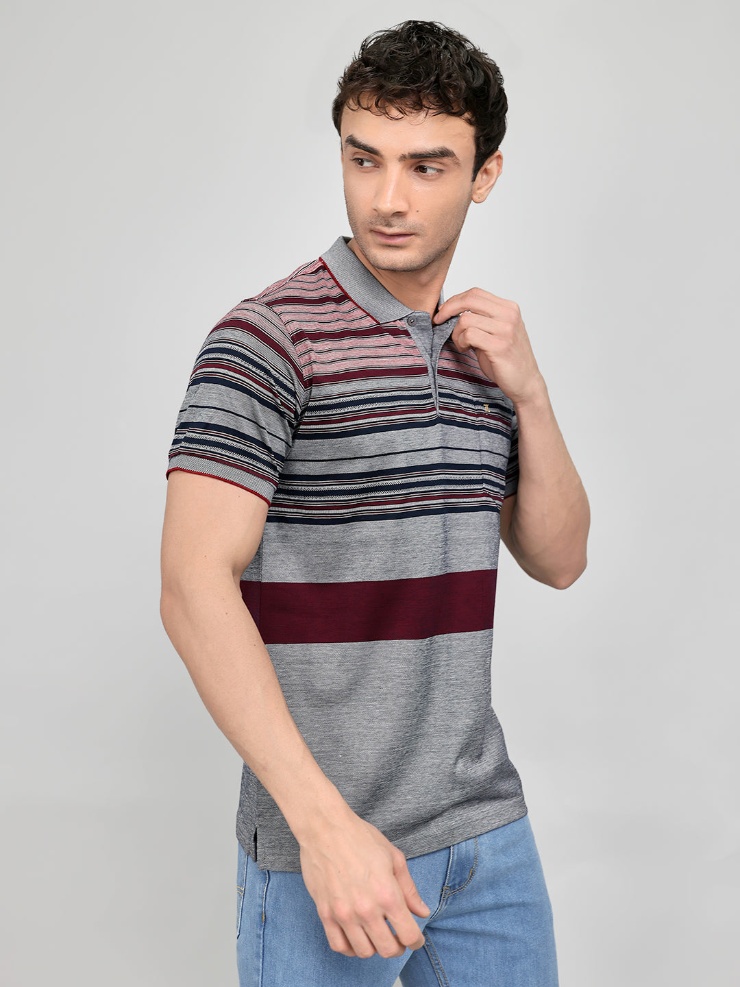 Luxuria Men Maroon Stripe Collar Half Sleeve T-Shirt