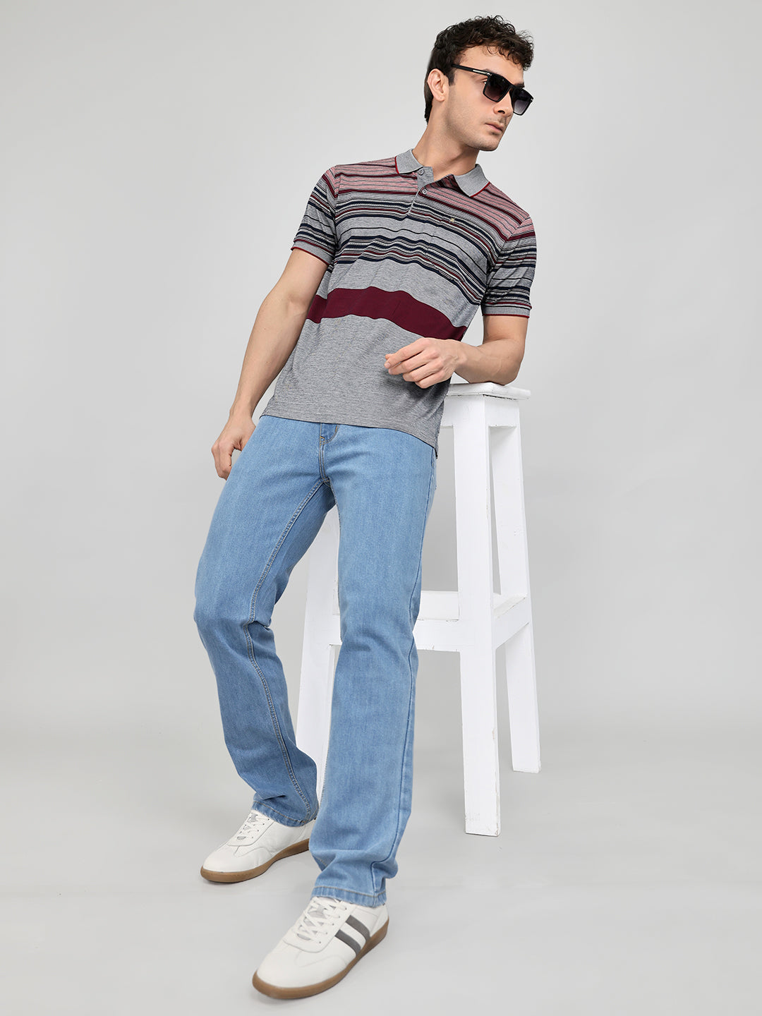 Luxuria Men Maroon Stripe Collar Half Sleeve T-Shirt