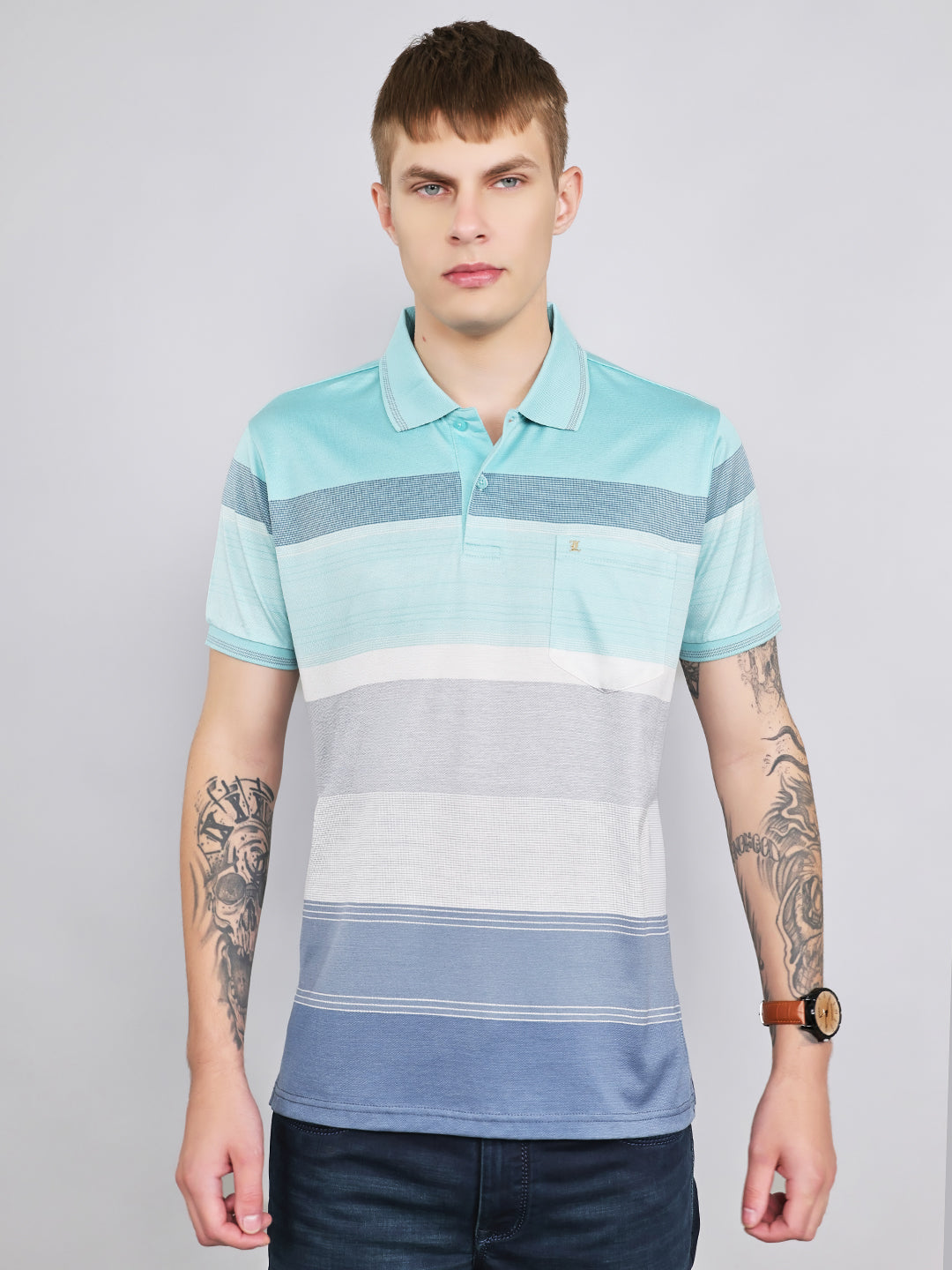 Luxuria Men Sky Blue Printed Polo Collar Half Sleeve T-Shirt