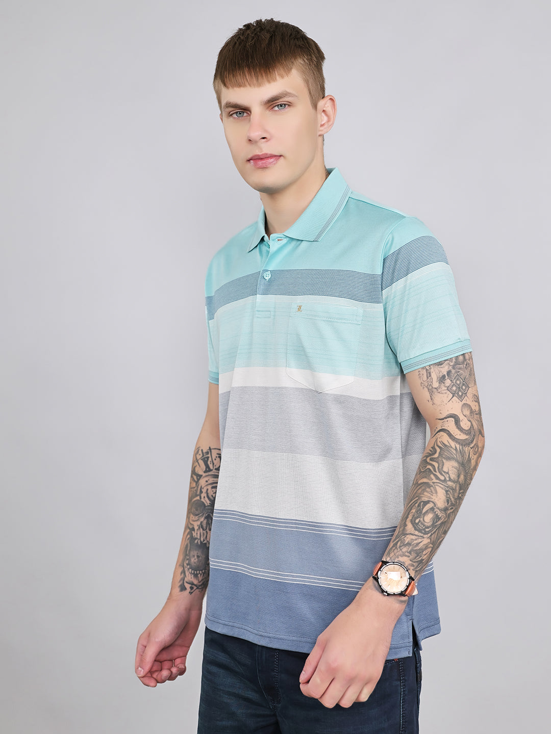 Luxuria Men Sky Blue Printed Polo Collar Half Sleeve T-Shirt